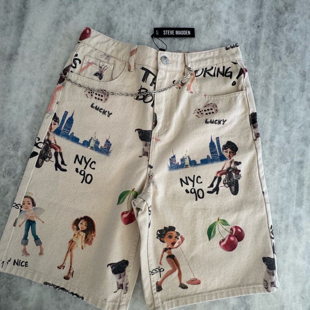 Steve Madden Multicolor Magdalen Print Mega- Jort Beige Denim Shorts Y2K 90’s